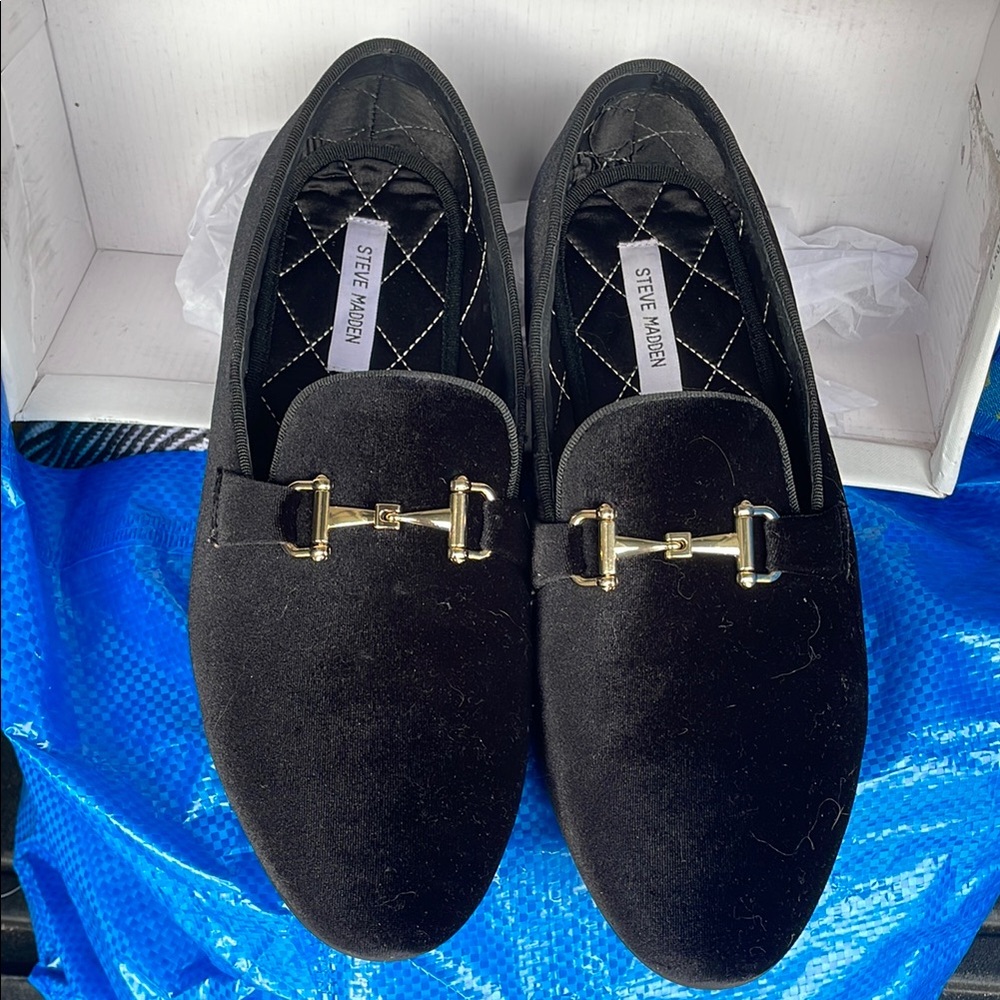 Steve Madden Black Slip-On Loafers with Gold Bar